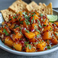Vibrant mango habanero salsa with diced mango, red onion, and a hint of spice.