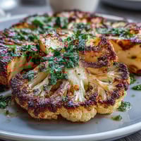 Smoky BBQ Cauliflower Steaks topped with fresh chimichurri, perfect for grilling.