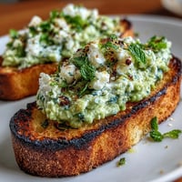 Vibrant fava bean and mint bruschetta atop smoky grilled sourdough toast.