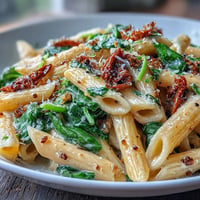 Creamy One-Pot Tuscan Pasta brimming with spinach and sun-dried tomatoes.