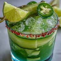 Refreshing viral pickle margarita mocktail with spicy jalapeño rim and pickle spear garnish.