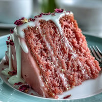 Delicate pink Bridal Shower Rosé Velvet Cake drizzled with elegant edible gold.