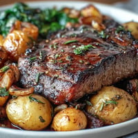 Juicy Father's Day Steak and Potato Sheet Pan Dinner with roasted vegetables.